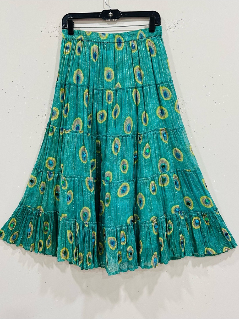 Soft Surroundings Peacock Feather Maxi Skirt Size PS Cotton Lurex NWT